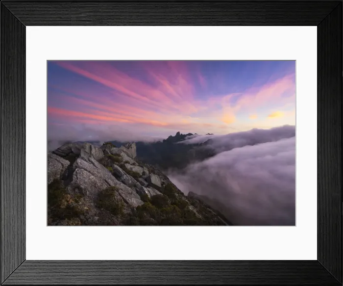 Framed Print : Sunset and fog flow over Federation Peak and the Eastern Arthur Range from the summit of Framed Print : Sunset and fog flow over Federation Peak and the Eastern Arthur Range from the summit of