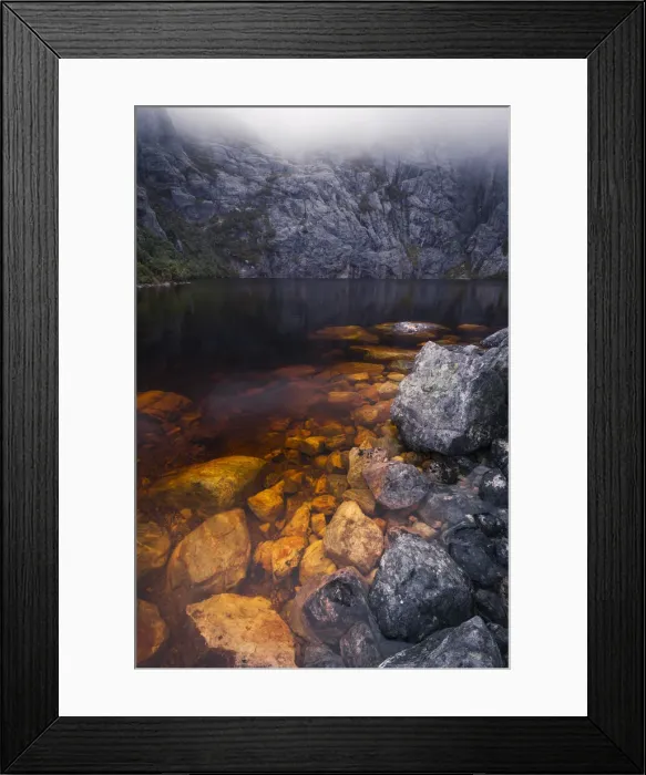 Framed Print : The shore of Square Lake on a misty afternoon in the Western Arthur Range Framed Print : The shore of Square Lake on a misty afternoon in the Western Arthur Range