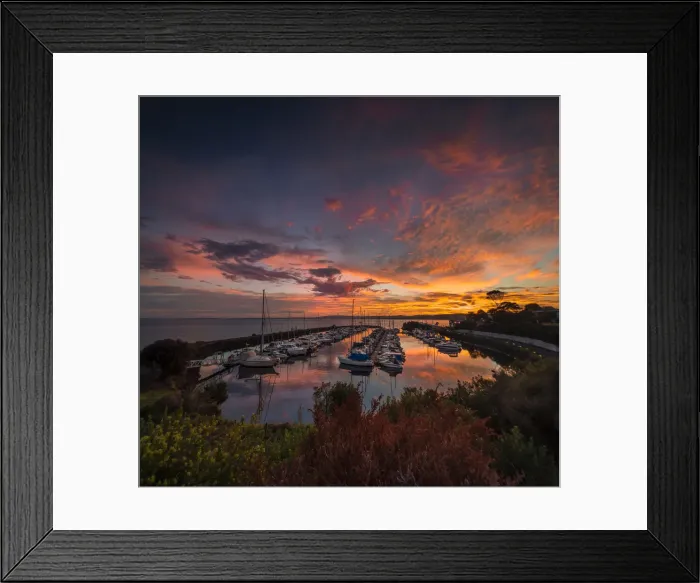 Framed Print : A golden dawn of fiery colours in the late summer, at Newhaven Yacht club marina, Phillip Island Bass Coast, Victoria, Australia