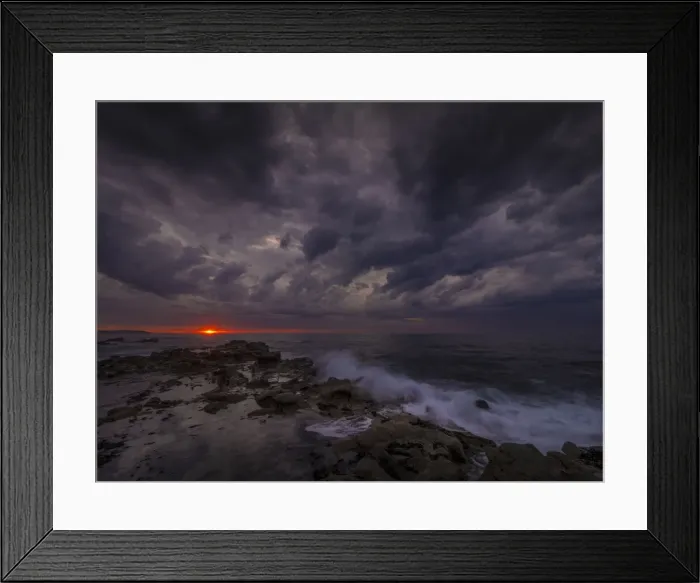 Framed Print : Black beach at dawn, and a dramatic storm filled sky, Bass coast, Victoria, Australia