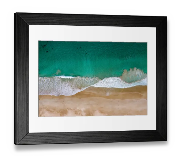 Framed Print : Aerial shot above turquoise ocean and beautiful sandy beach Framed Print : Aerial shot above turquoise ocean and beautiful sandy beach