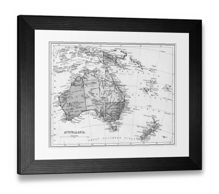 Framed Print : Old map of Australasia (Australia, New Zealand, the island of New Guinea, and neighbouring islands in the Pacific Ocean)