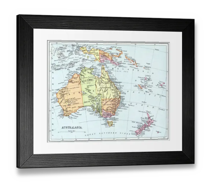 Framed Print : Old map of Australasia (Australia, New Zealand, the island of New Guinea, and neighbouring islands in the Pacific Ocean) Framed Print : Old map of Australasia (Australia, New Zealand, the island of New Guinea, and neighbouring islands in the Pacific Ocean)