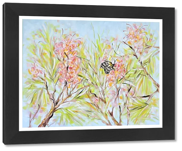 Grevillea Flowers and a Caper White Butterfly Acrylic Painting