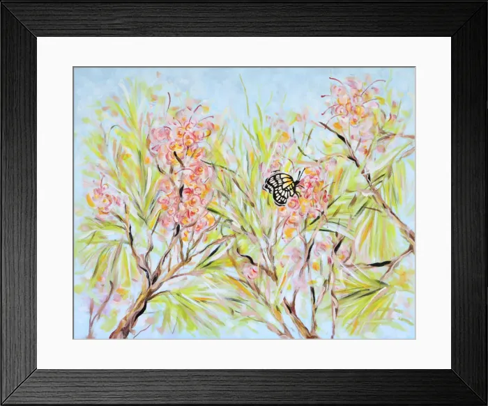 Framed Print : Grevillea Flowers and a Caper White Butterfly Acrylic Painting Framed Print : Grevillea Flowers and a Caper White Butterfly Acrylic Painting