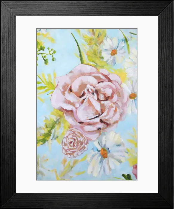Framed Print : Bouquet of Pink Rose, Daises, and Leaves Framed Print : Bouquet of Pink Rose, Daises, and Leaves