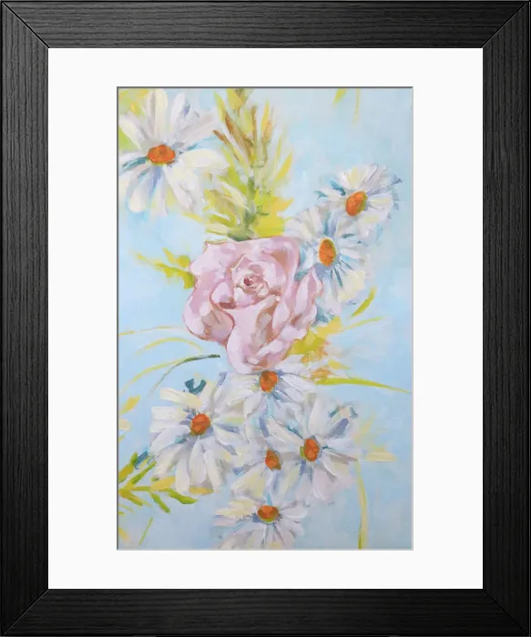 Framed Print : Bouquet of Pink Rose, Daises, and Leaves Framed Print : Bouquet of Pink Rose, Daises, and Leaves