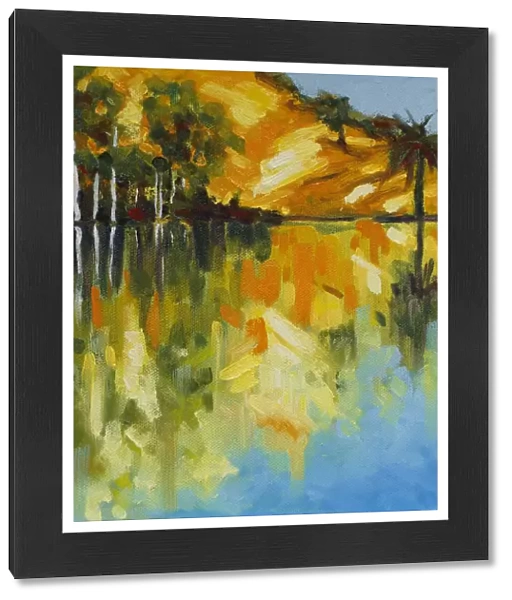 Trees Reflected in a Lake with Morning Sunlight Original Landscape Artwork