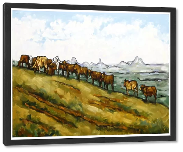 Herd of Bulls on a Hillside with Glass House Mountains in Distance Oil Painting