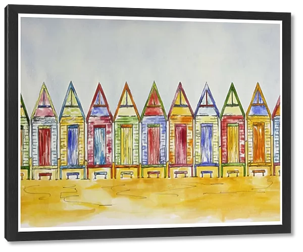Colorful Beach Shacks in a Row Pen and Wash Painting