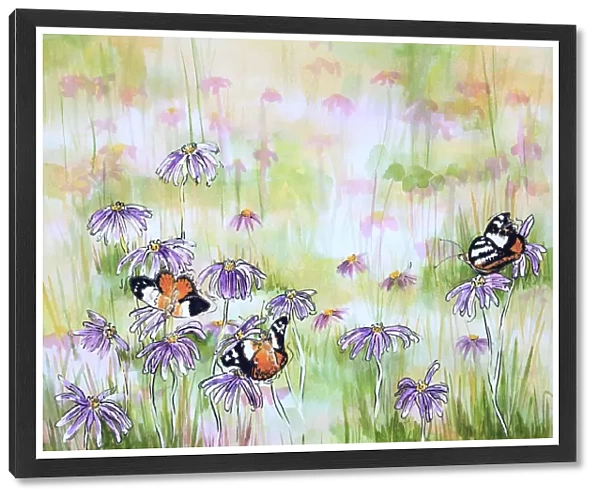 Monarch Butterflies Resting on an Aster Asteraceae Daisy Flowers Mixed Media Painting