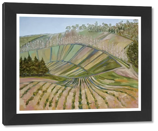 Oil Painting of Farm Paddocks on a Hillside