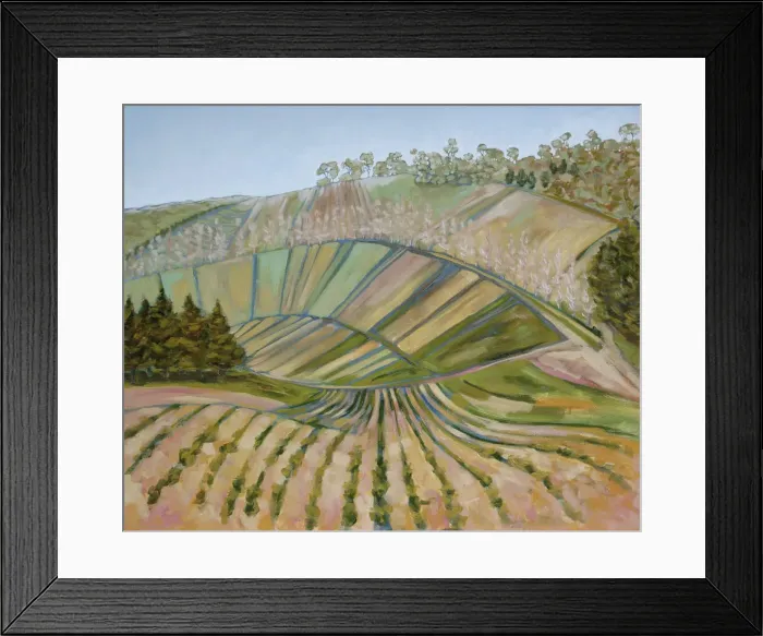 Framed Print : Oil Painting of Farm Paddocks on a Hillside Framed Print : Oil Painting of Farm Paddocks on a Hillside