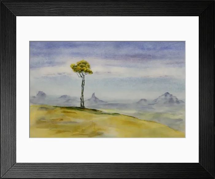 Framed Print : Tree on a Hill with Mountains in Distance at Maleny Watercolor Framed Print : Tree on a Hill with Mountains in Distance at Maleny Watercolor