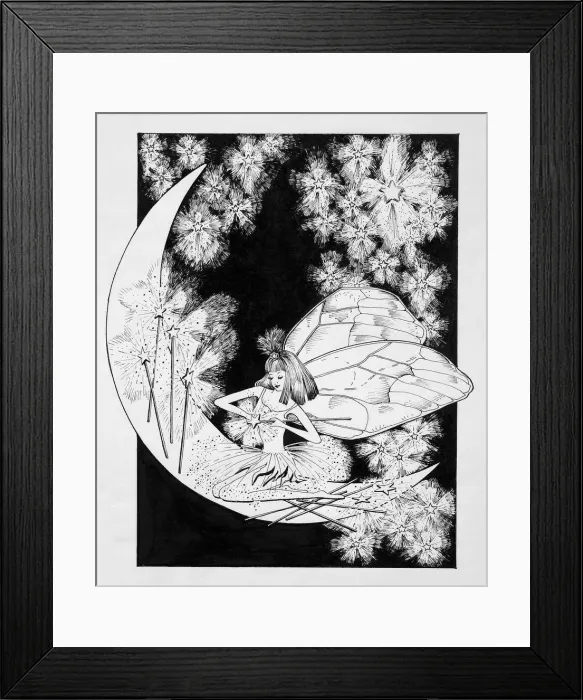 Framed Print : Fairy Sitting on the Moon Making Wands Framed Print : Fairy Sitting on the Moon Making Wands