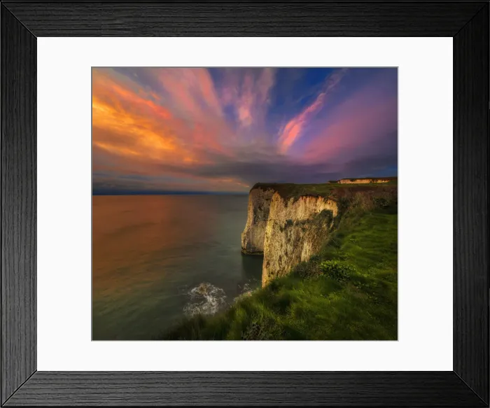 Framed Print : Old Harry rocks at dawn, Jurassic coastline of Dorset, England, UK