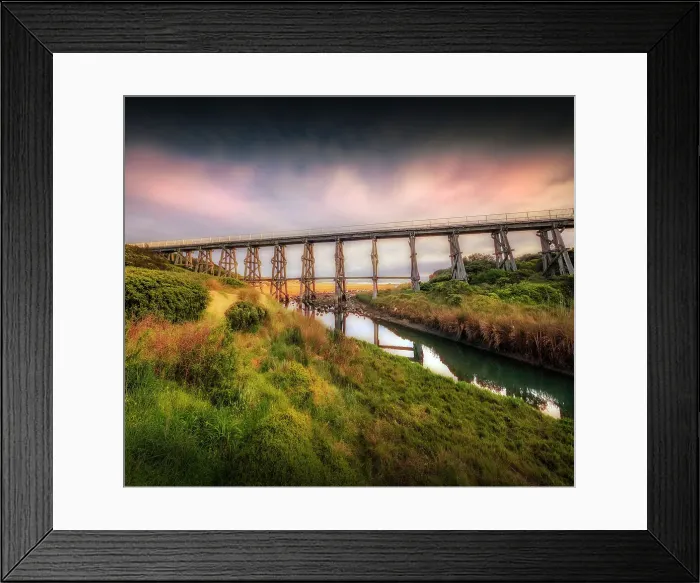 Framed Print : Old Trestle Bridge on the coastline at Kilcunda near San Remo, Bass Coast, Victoria, Australia