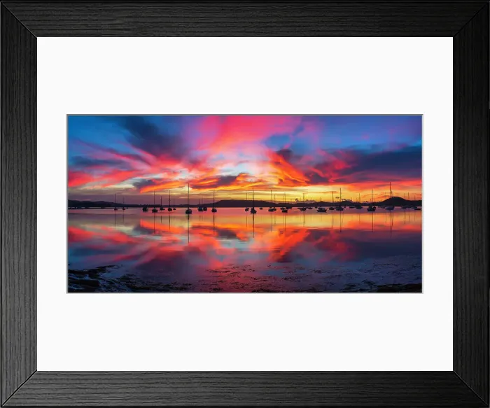 Framed Print : Sunrise reflections over marina