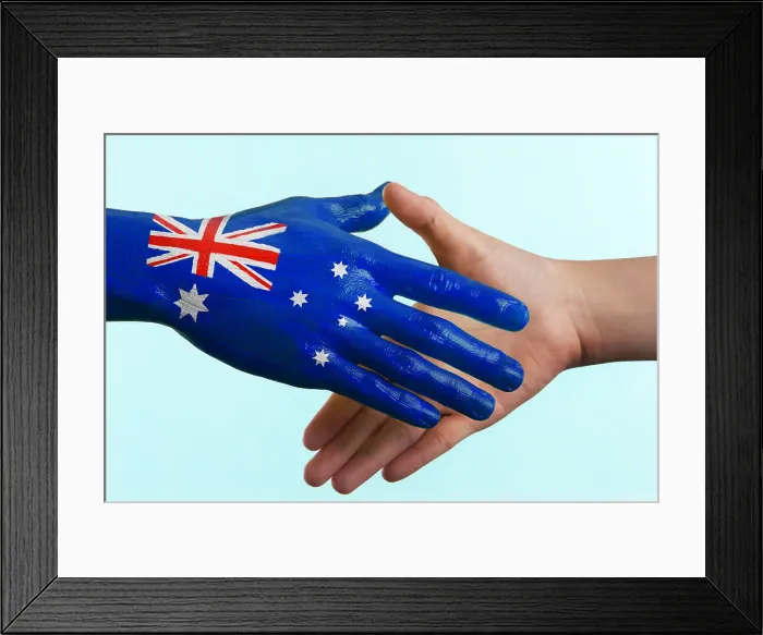 Framed Print : Hand painted flag of Australia doing a handshake Framed Print : Hand painted flag of Australia doing a handshake