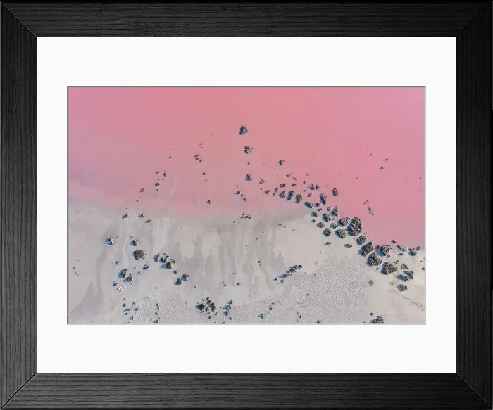 Framed Print : Drone view point of the pink shades of color, patterns and textures over Pink Lake waters with dark salty sandy soil Framed Print : Drone view point of the pink shades of color, patterns and textures over Pink Lake waters with dark salty sandy soil