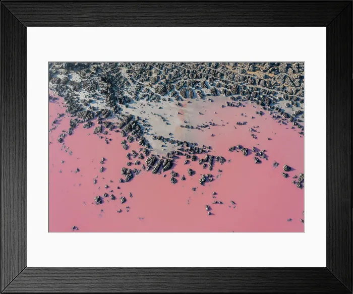 Framed Print : Drone view point of the pink shades of color, patterns and textures over Pink Lake waters with dark salty sandy soil Framed Print : Drone view point of the pink shades of color, patterns and textures over Pink Lake waters with dark salty sandy soil