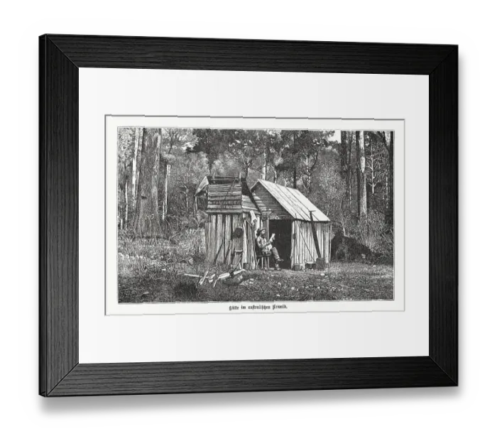 Framed Print : Hut in the Australian primeval forest, wood engraving, published 1899 Framed Print : Hut in the Australian primeval forest, wood engraving, published 1899