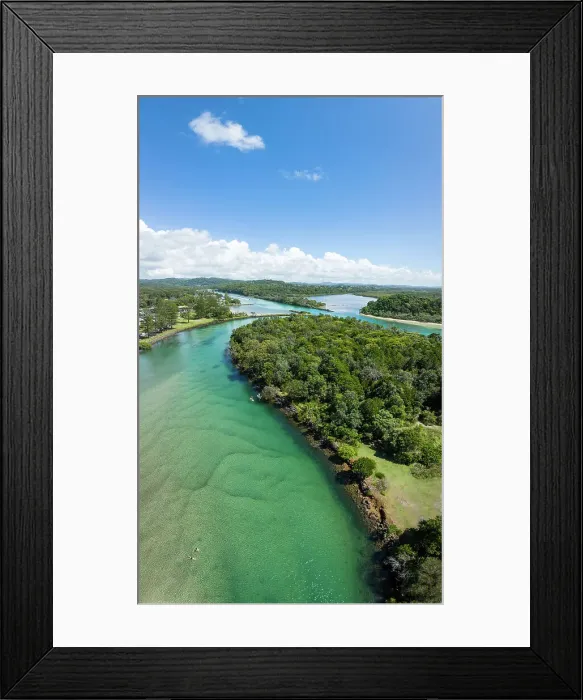 Framed Print : Aerial Views of crystal clear water in the Brunswick River, New South Wales