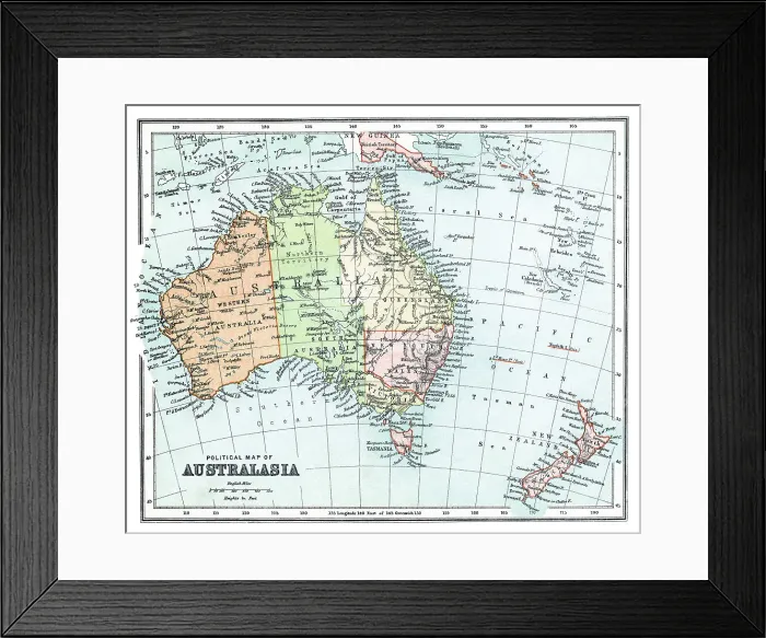 Framed Print : Old chromolithograph map of Australasia (Australia, New Zealand, the island of New Guinea, and neighbouring islands in the Pacific Ocean) Framed Print : Old chromolithograph map of Australasia (Australia, New Zealand, the island of New Guinea, and neighbouring islands in the Pacific Ocean)