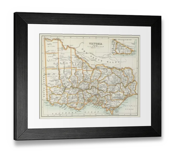 Framed Print : Old chromolithograph map of Victoria, a state in southeastern Australia Framed Print : Old chromolithograph map of Victoria, a state in southeastern Australia