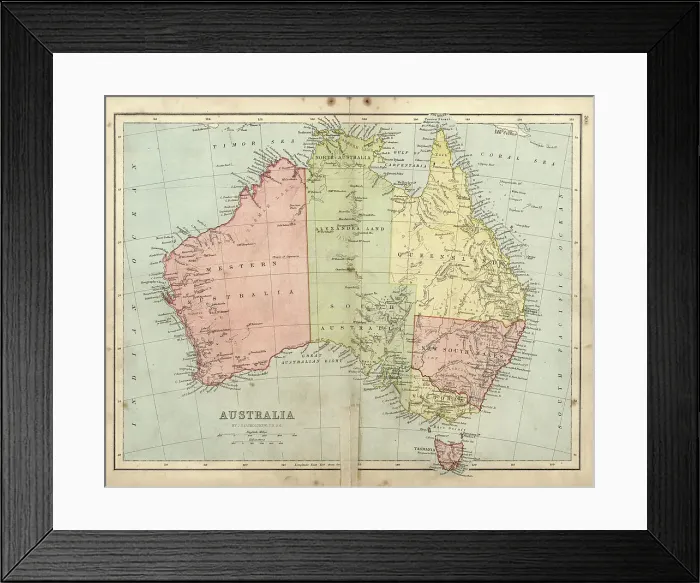 Framed Print : Antique damaged map of Australia in the 19th Century, 1873