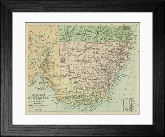 Framed Print : Old chromolithograph map of Southeast Australia