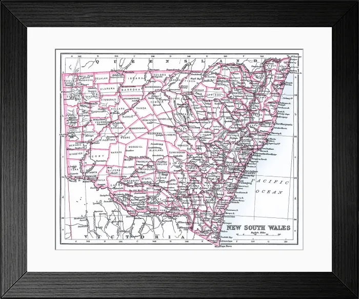 Framed Print : Old chromolithograph map of New South Wales - a state on the east coast of Australia