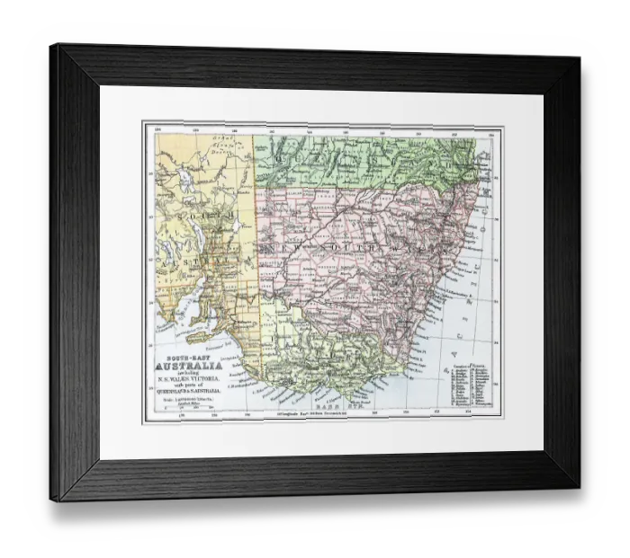 Framed Print : Old chromolithograph map of Southeast Australia Framed Print : Old chromolithograph map of Southeast Australia