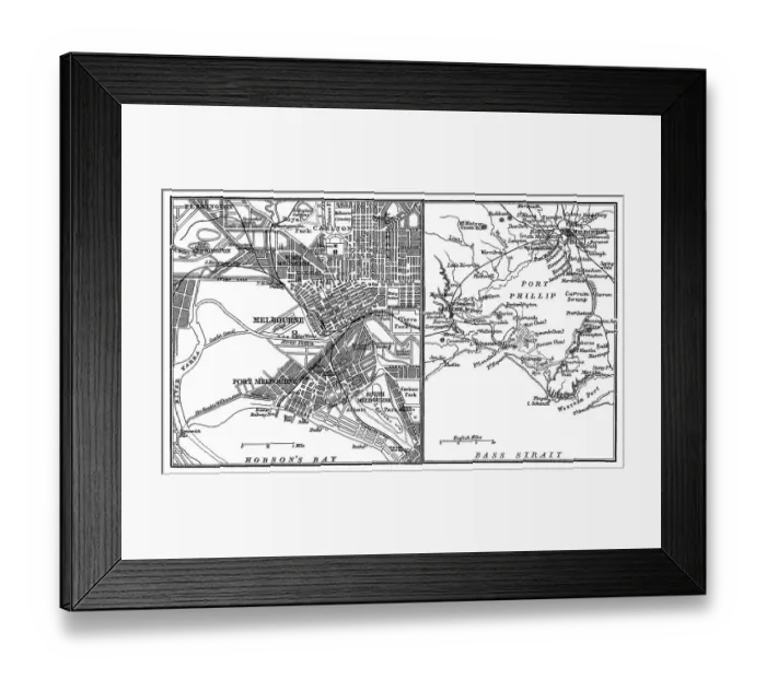 Framed Print : Old chromolithograph map of Melbourne and Port Phillip - Australia Framed Print : Old chromolithograph map of Melbourne and Port Phillip - Australia