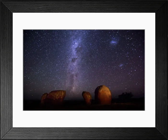 Framed Print : The night sky, stars and The Milky Way over Murphys Haystacks. Large granite outcrops, pillars and boulders. Inselbergs on Eyre Peninsula. South Australia