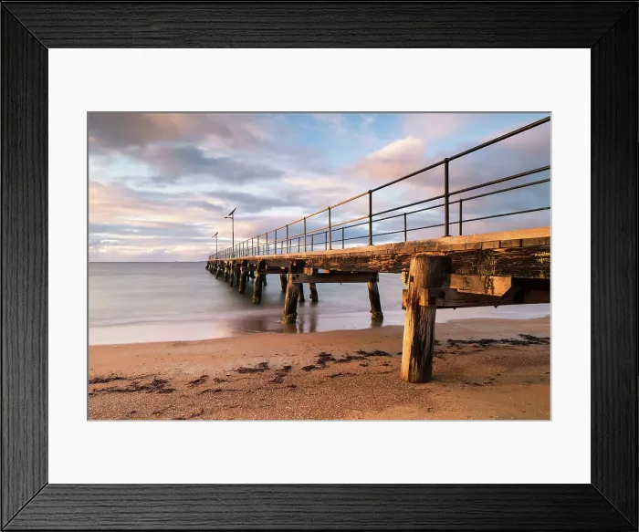 Framed Print : Jetty scene at sunrise in soft pastel tones
