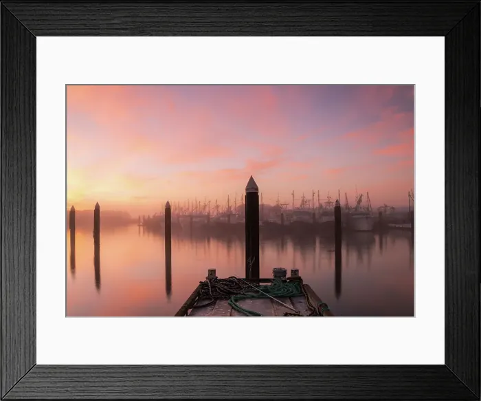 Framed Print : Fog at the commercial dock at sunrise