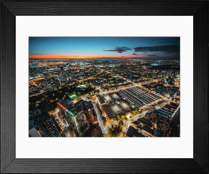 Framed Print : Aerial view of Melbourne city at dusk