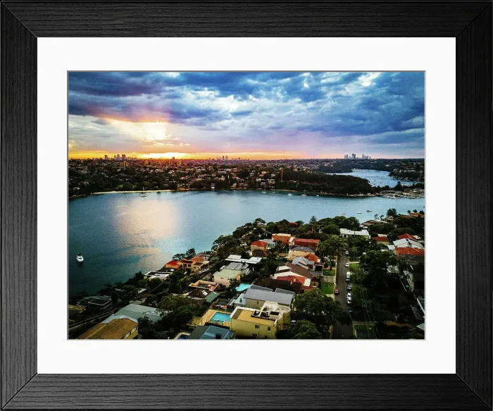 Framed Print : Aerial view of sunset over Middle Harbour, Sydney Framed Print : Aerial view of sunset over Middle Harbour, Sydney