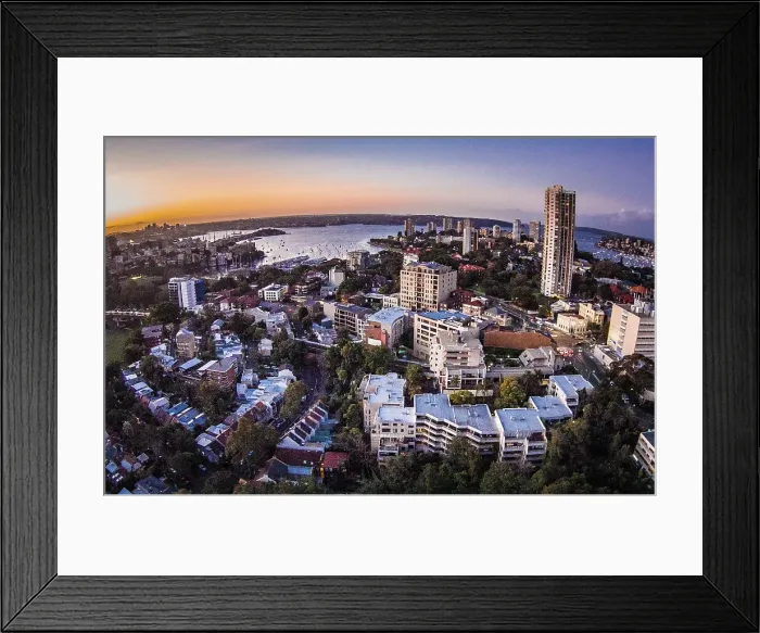 Framed Print : Aerial view of sunset over Sydney Harbour Framed Print : Aerial view of sunset over Sydney Harbour