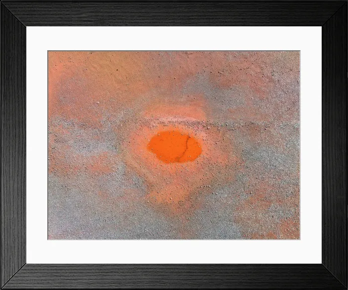 Framed Print : Drone image looking down on a circular shaped pool of water in an iron mine, Western Australia, Australia