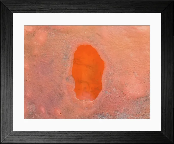 Framed Print : Oval shaped pool of water in an iron mine shot from a drone perspective, Western Australia, Australia Framed Print : Oval shaped pool of water in an iron mine shot from a drone perspective, Western Australia, Australia