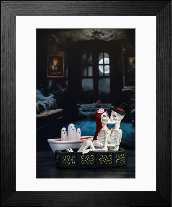 Framed Print : Skeleton couple in haunted room