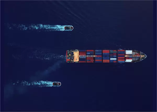 Aerial view of a cargo ship. Shipping containers business
