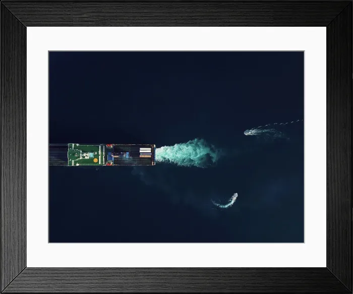 Framed Print : Directly above view of two pilot boats commanding a RoRo cargo ship into the harbour