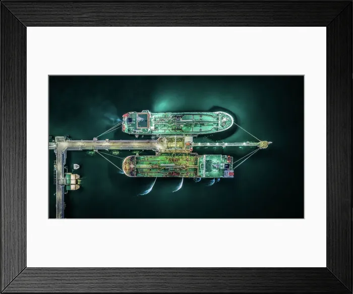 Framed Print : Aerial view tanker ship anchor parking in sea, Crude oil tanker ship and LPG tanker ship loading in bay at sunset, Bulk boat anchor Framed Print : Aerial view tanker ship anchor parking in sea, Crude oil tanker ship and LPG tanker ship loading in bay at sunset, Bulk boat anchor