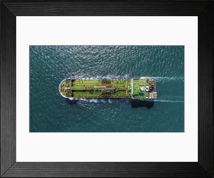 Framed Print : Aerial view tanker ship anchor parking in sea, Crude oil tanker ship and LPG tanker ship loading in bay at sunset, Bulk boat anchor