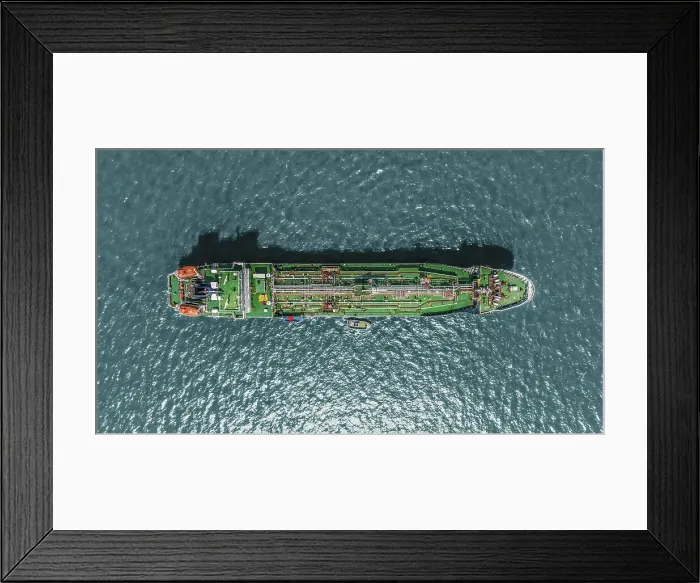 Framed Print : Aerial view tanker ship anchor parking in sea, Crude oil tanker ship and LPG tanker ship loading in bay at sunset, Bulk boat anchor