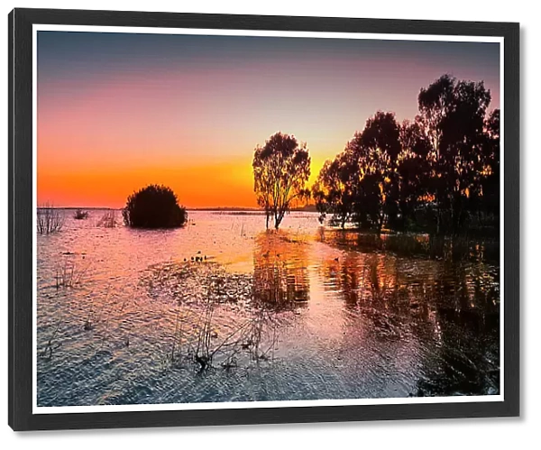 Winter-time and the first light of dawn on the shores of Lake Colac, Western District, Victoria, Australia