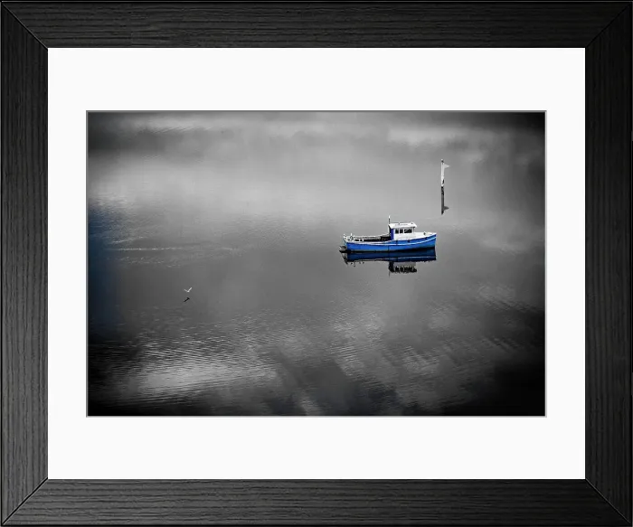 Framed Print : A Blue Boat, in Spot Colour, with a black and White treatment